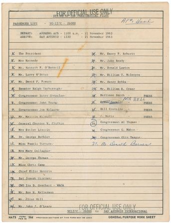 Lot #8012 John F. Kennedy?s Air Force One Passenger List - Image 1