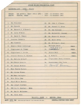 Lot #8012 John F. Kennedy?s Air Force One Passenger List - Image 2