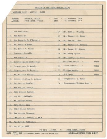 Lot #8012 John F. Kennedy?s Air Force One Passenger List - Image 3