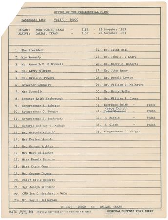 Lot #8012 John F. Kennedy?s Air Force One Passenger List - Image 4