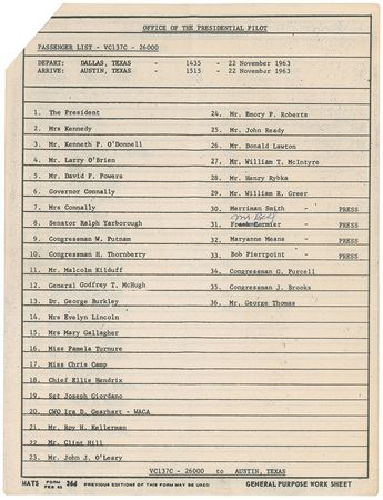 Lot #8012 John F. Kennedy?s Air Force One Passenger List - Image 5