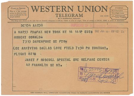 Lot #8098 Lee Harvey Oswald 1962 Telegram Announcing His Return to the United States - Image 1