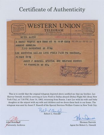 Lot #8098 Lee Harvey Oswald 1962 Telegram Announcing His Return to the United States - Image 2