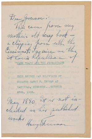 Lot #8042 Harry S. Truman Typed Speech With Autograph Note Signed - Image 1