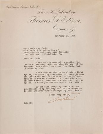 Lot #8068 Thomas Edison Typed Letter Signed - Image 2