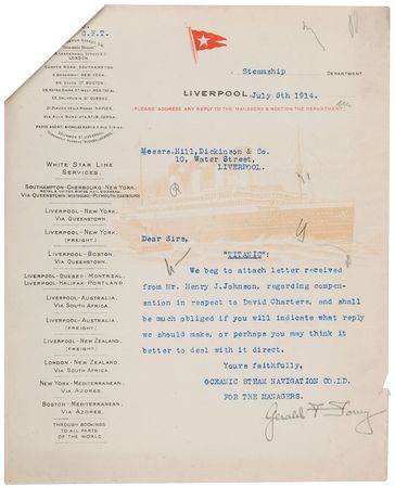 Lot #285 Titanic: David Charters: The White Star Line on a son lost at sea with the Titanic: 