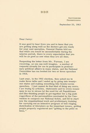 Lot #76 Dwight D. Eisenhower: “Ike” rallies his party for the 1964 election, stressing “the need for all Republicans and like-thinking people to get together” - Image 1