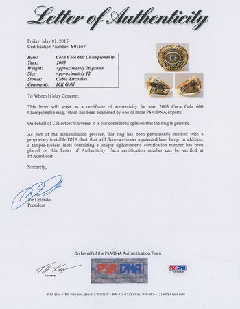 Lot #935 Racing: 2003 Coca Cola 600 Championship Ring - Image 2