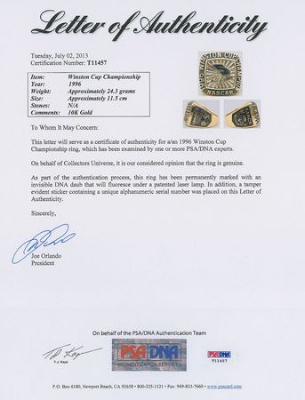 Lot #931 Racing: 1996 Winston Cup Championship Ring - Image 2