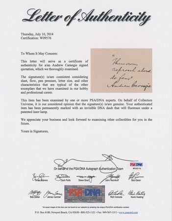 Lot #201 Andrew Carnegie Signed Quote - Image 2