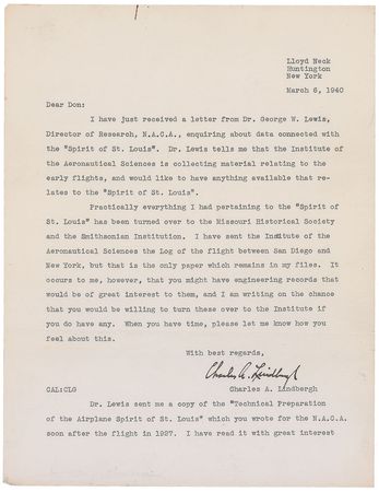 Lot #465 Charles Lindbergh: Letter to the Spirit of St. Louis designer: “You might have engineering records that would be of great interest” - Image 1