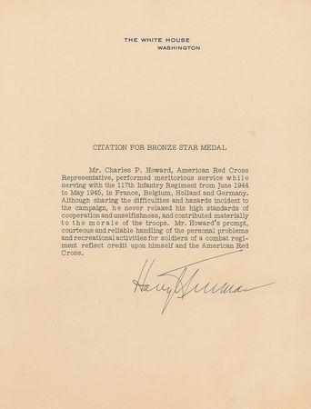 Lot #67 Harry S. Truman: World War II Bronze Star citation for a Red Cross serviceman?s action during the D-Day invasion - Image 1
