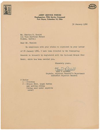 Lot #67 Harry S. Truman: World War II Bronze Star citation for a Red Cross serviceman?s action during the D-Day invasion - Image 2