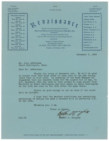 Lot #925 Bob Douglas: Securing lodging for the New York Renaissance?s upcoming away games - Image 1