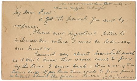 Lot #921 Jose Raul Capablanca: An extremely early letter: ?Won all 23 games here to-night, and all 30 at Buffalo last night? - Image 1
