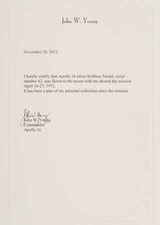 Lot #9433 John Young?s Apollo 16 Flown Robbins Medal - Image 4