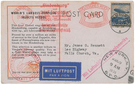 Lot #9021 Hindenburg Flown Postcard - Image 1