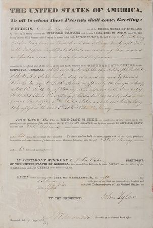 Lot #19 John Tyler: Choice land grant for