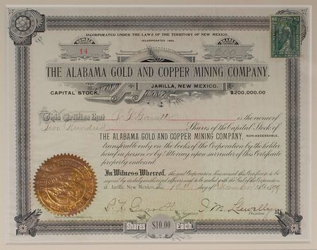 Lot #261 Pat Garrett: Billy the Kid?s killer invests in gold?a rare triple-signed certificate - Image 2