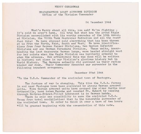 Lot #465 Anthony McAuliffe: ?To the German Commander: N U T S !? - Image 1