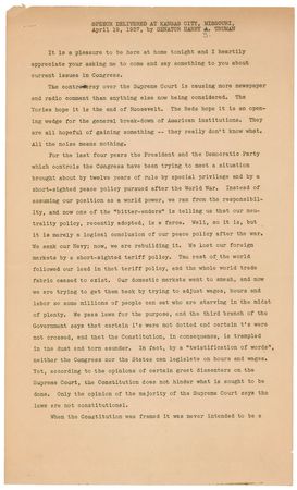 Lot #82 Harry S. Truman: ?I say the Court cannot be packed,? Truman proclaims as he reflects on appointments-gone-wrong by Jefferson, Lincoln, Coolidge, and Wilson - Image 1