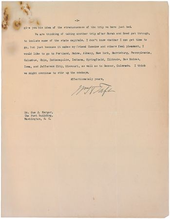 Lot #125 William H. Taft: “Wilson’s speech was just like all of his,” his predecessor complains, “He never answers any argument at all” - Image 1