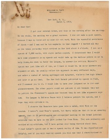 Lot #125 William H. Taft: “Wilson’s speech was just like all of his,” his predecessor complains, “He never answers any argument at all” - Image 2