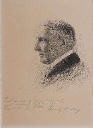 Lot #69 Warren G. Harding Signed Engraving - Image 1