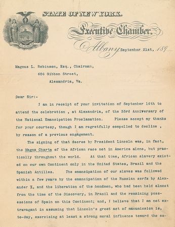Lot #191 Levi P. Morton: ?The signing of that decree by President Lincoln was, in fact, the Magna Charta of the African race? - Image 1