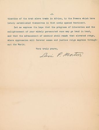 Lot #191 Levi P. Morton: ?The signing of that decree by President Lincoln was, in fact, the Magna Charta of the African race? - Image 2