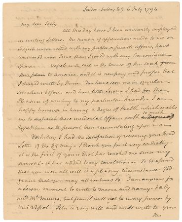 Lot #190 John Jay: Jay writes home from London in the summer of 1794, while negotiating his eponymous treaty: “How my mission will terminate I cannot yet decide. There is room for hope, and also some for doubt” - Image 1