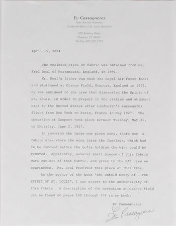 Lot #537 Charles Lindbergh Signature and Fabric - Image 4