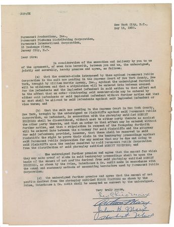 Lot #880 Marx Brothers: Rare 1933 Marx Brothers lawsuit settlement with Paramount over Monkey Business and Horse Feathers - Image 1