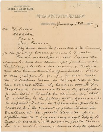 Lot #234 Temple Houston: “The conduct of father toward the captured at San Jacinto relieves me from objections that in a general way might apply to Texans in connection with diplomatic posts in Mexico” - Image 1