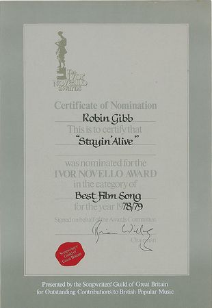 Lot #2272 Bee Gees Award Nomination Certificates - Image 3