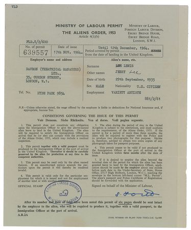 Lot #2225 Jerry Lee Lewis Labor Permit - Image 1