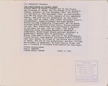 Lot #2605 Diana and Charles Collection of Four Prince Harry Christening Photographs - Image 8