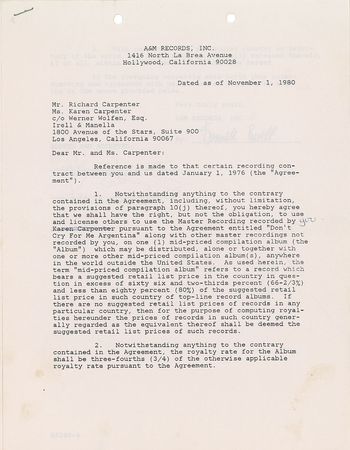 Lot #2324 The Carpenters Signed Document - Image 1