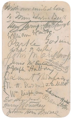 Lot #250 19th Century Notables: Titanic survivor Francis Millet, Bram Stoker, Henry Irving, and others sign a Delmonico’s menu for the niece of Lincoln’s assassin - Image 1