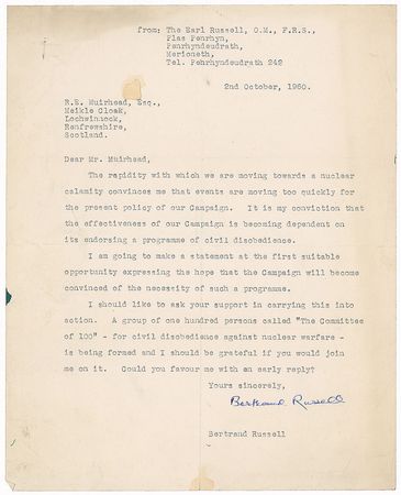 Lot #318 Bertrand Russell: ??The Committee of 100??for civil disobedience against nuclear warfare?is being formed and I should be grateful if you would join me on it? - Image 1