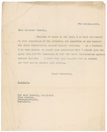Lot #318 Bertrand Russell: ??The Committee of 100??for civil disobedience against nuclear warfare?is being formed and I should be grateful if you would join me on it? - Image 2