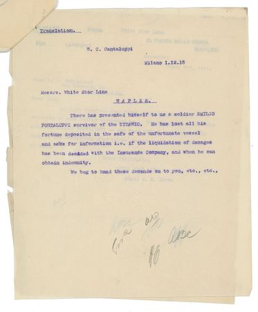 Lot #242 Emilio Portaluppi: ?He has lost all his fortune deposited in the safe of the unfortunate vessel??a Titanic survivor?s plea for remuneration - Image 5