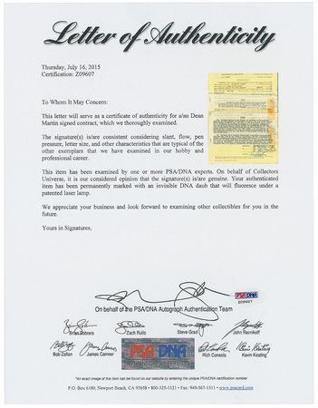 Lot #964 Dean Martin Signed Document - Image 3