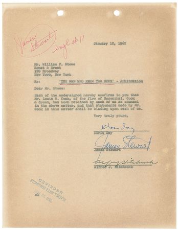 Lot #890 The Man Who Knew Too Much: Hitchcock, Stewart, and Day?a rare triple-signed document for The Man Who Knew Too Much - Image 1