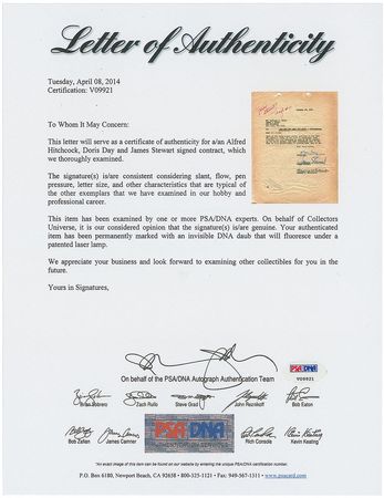 Lot #890 The Man Who Knew Too Much: Hitchcock, Stewart, and Day?a rare triple-signed document for The Man Who Knew Too Much - Image 2
