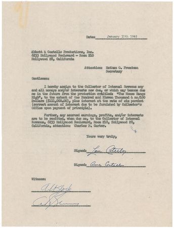 Lot #915 Lou Costello Signed Document - Image 1