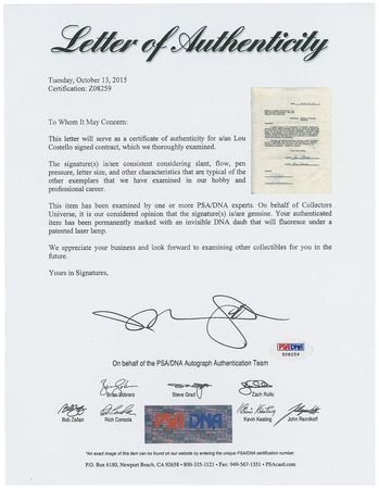 Lot #915 Lou Costello Signed Document - Image 2