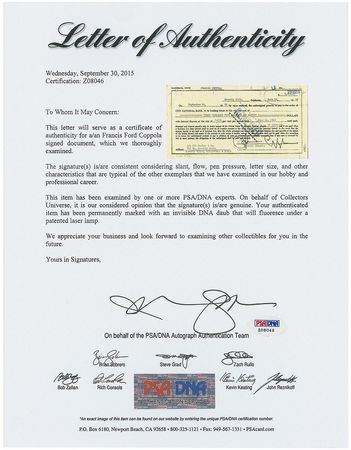 Lot #863 Francis Ford Coppola Signed Document - Image 2