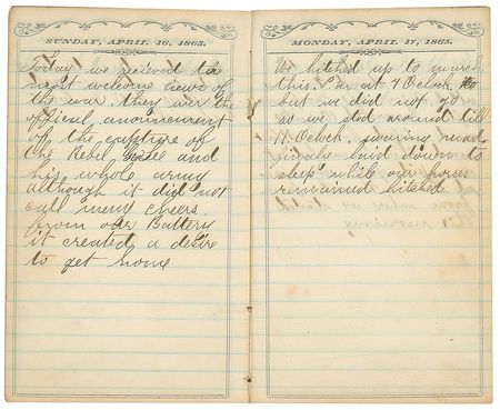 Lot #380 Union Diary: An Ohio artilleryman’s 1865 diary, with news of “the capture of the Rebel Gen Lee and his whole army” and “the assassination and death of Abraham Lincoln” - Image 1
