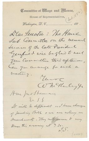 Lot #54 William McKinley: Two decades prior to his own assassination, McKinley arranges the ?memorial services of the late President Garfield? - Image 1